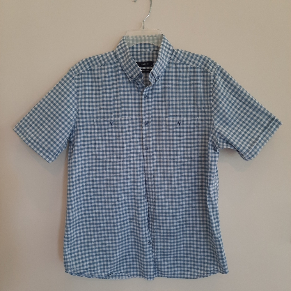 LC Waikiki Men's Blue/White Check Button Down Short Sleeve Shirt.Sz M